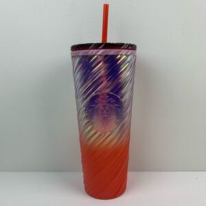 New Starbucks Sunrise swirl cold cup tumbler 24 oz iridescent Straw ice coffee